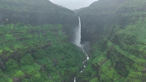 Aerial View of Marleshwar Dhareshwar Waterfall Ratnagiri Maharashtra Stock Footage 345209796
