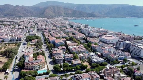Aerial view of a Marmaris city in Turkey with crowded beach, sunny day. Boat Stock Footage 229083053