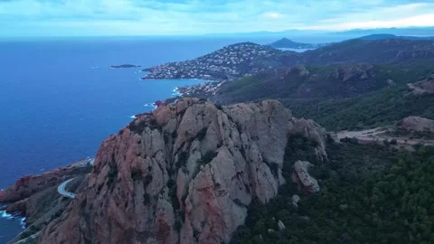 Aerial view of the Massif de L'Esterel falling into the Mediterranean Sea. Stock Footage 273856485