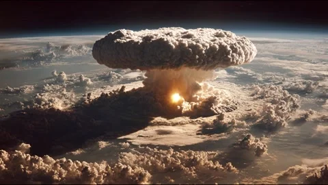 Aerial view of a massive atomic bomb explosion showcasing the mushroom cloud Video stock 314826137