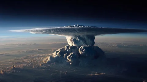 Aerial view of a massive atomic bomb explosion, capturing the mushroom Stock Footage 314826139