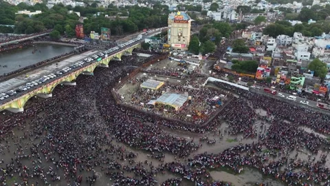 Aerial View of Massive Crowd During Azhagar Festival at Vaigai River Madurai Stock Footage 331064451