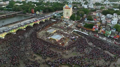 Aerial View of Massive Crowd During Azhagar Festival at Vaigai River Madurai Stock-Footage 331064470