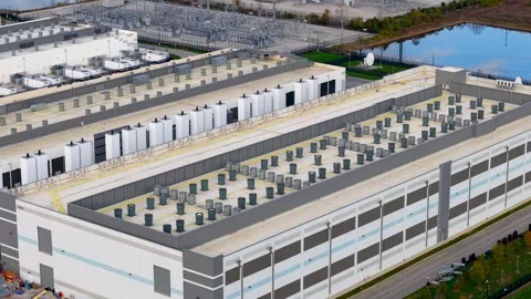 Aerial view of a massive data center complex with cooling units Stock Footage 340952141