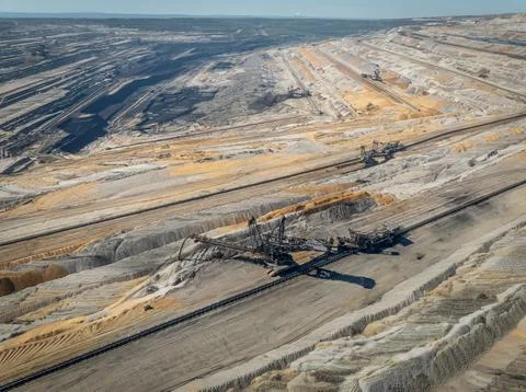 Aerial view of a massive Hambach open pit lignite coal mine with heavy diggin Stock-Fotos