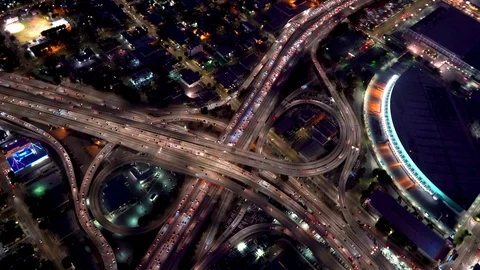 Aerial view of a massive highway intersection in Los Angeles Stock Footage 83244325