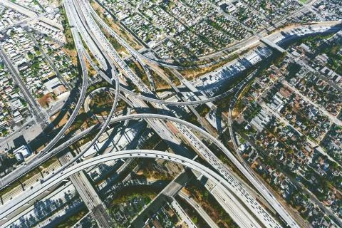 Aerial view of a massive highway intersection in LA Stock Photos