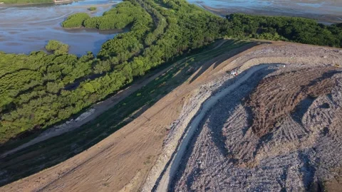 Aerial view of a massive landfill next to a green mangrove forest 스톡 동영상 337922290