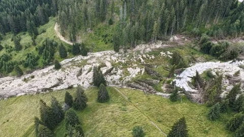 Aerial View of Massive Landslide and Deforestation in Mountain Forest Stock Footage 340761101