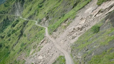 Aerial View of Massive Landslide Blocking New Himalayan Mountain Road Video stock 333069680