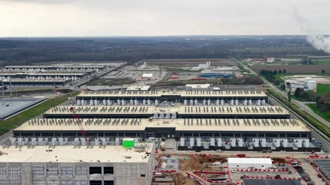 Aerial view of a massive new data center campus under construction Stock Footage 340486421