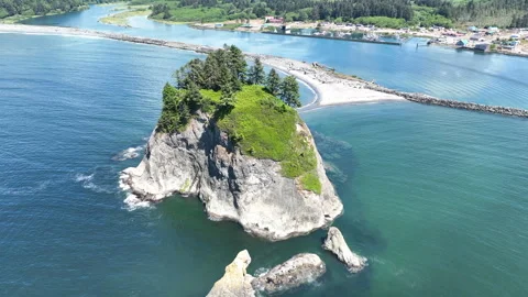 Aerial View of Massive Sea Stack Along the Coast of the Olympic Peninsula Stock Footage 247089414