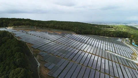 Aerial View of Massive Solar Panel Farm Producing Clean Renewable Energy Stock Footage 336594542