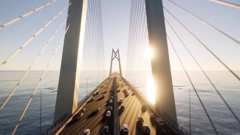 Aerial View of Massive Suspension Bridge Over Ocean at Golden Sunset Stock Footage 339072920