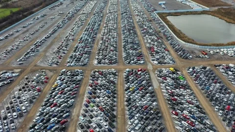 Aerial View of Massive Vehicle Storage Lot Filled With Thousands of Cars Stock Footage 342762660