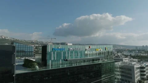 Aerial view of MATAM hi-tech park by the sea at Haifa Stock Footage 231262289