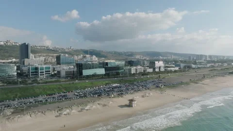 Aerial view of MATAM hi-tech park by the sea at Haifa Stock Footage 231262373
