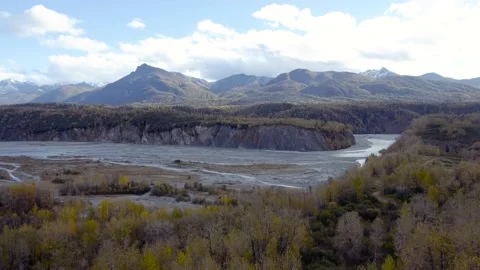 Aerial view of Matanuska River in Chugach National Forest, Alaska on autumn day Stock Footage 227200481