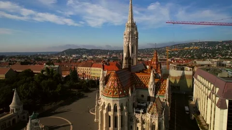 Aerial view of the Matthias Church in Budapest and panoramic city view Stock Footage 161173053