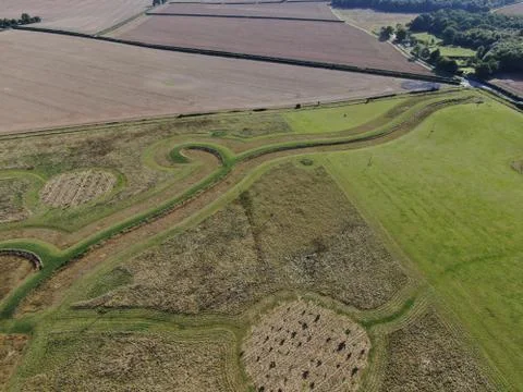 Aerial view of a maze pattern in a field in the countryside Stock Photos