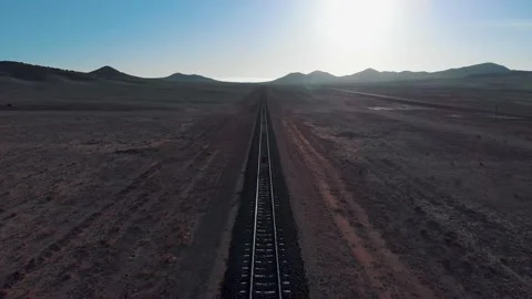 Aerial view of me walking alone on the train tracks in the Namib desert - Africa Stock Footage 155434599