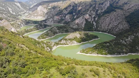 Aerial view meanders of river Uvac Stock Footage 94040608