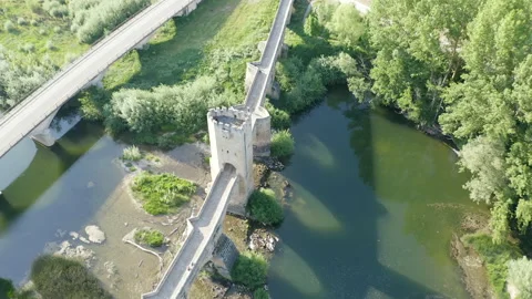 Aerial view of the medieval bridge and tower of Frias, Spain. Stock Footage 168905547