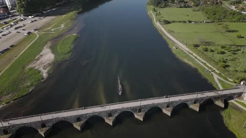Aerial View of Medieval Bridge Over Lima River in Ponte de Lima, Portugal Stock Footage 341635731