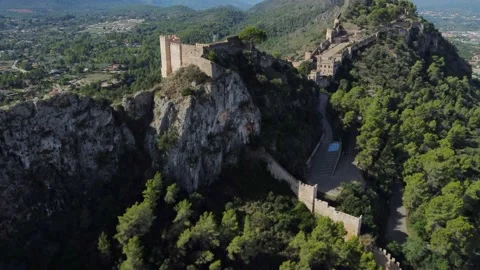 Aerial view of the medieval castle of Jativa in Valencia Spain Stock Footage