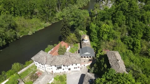 Aerial view of Medieval Cherepish Monastery, Bulgaria Stock Footage 246621491