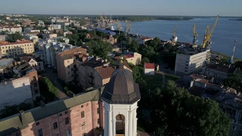 Aerial view of a medieval clock tower in heart of Vyborg old town. Panoramic Video stock 171284293