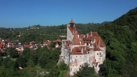 Aerial View Of Medieval Dracula's Castle in Transylvania, Romania. Stock Footage 159938331
