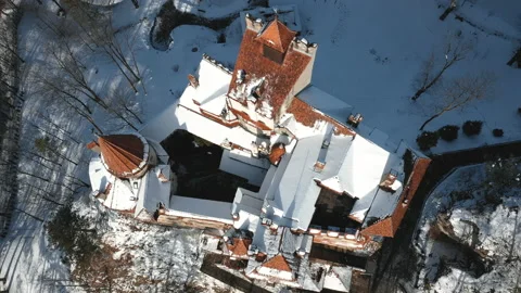 Aerial View Of Medieval Dracula's Castle in Transylvania, Winter Landscape. Stock Footage 167797876