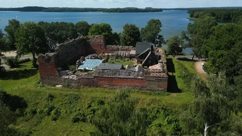 Aerial view of the medieval Drahim castle ruins in Stare Drawsko Stock Footage 329910564