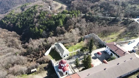 Aerial view of Medieval Kuklen Monastery, Plovdiv Region, Bulgaria Stock Footage 148260682