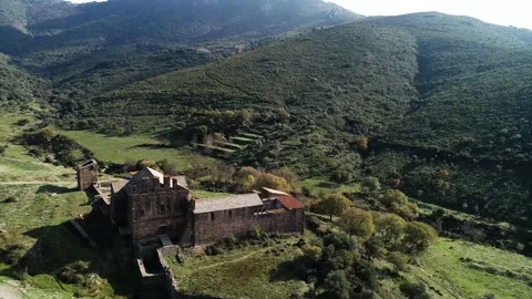 Aerial view of a medieval monastery in a mountain. Sant Quirze de Colera. Stock Footage 145989397