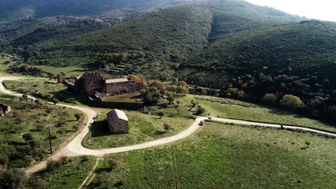 Aerial view of a medieval monastery in the mountain. Sant Quirze de Colera. Stock Footage 145989404
