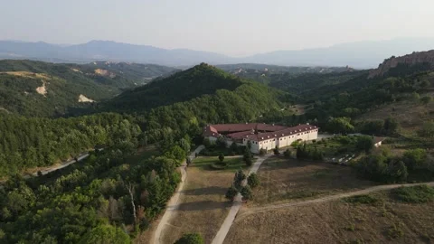 Aerial view of Medieval Rozhen Monastery, Bulgaria Stock Footage 166149829