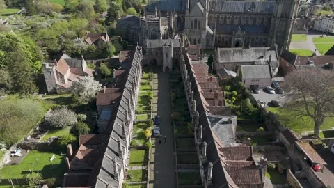 Aerial view of medieval Vicars' Close with parallel stone cottages, tall Stock Footage 310589869