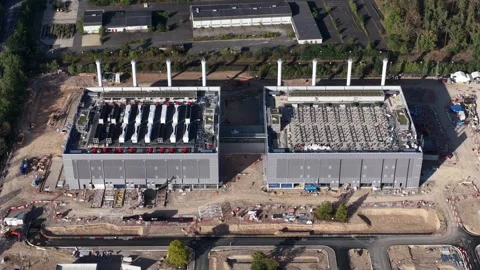 Aerial View of Mega Data Center Campus Construction in Hanau, Germany Stock Footage 347287928
