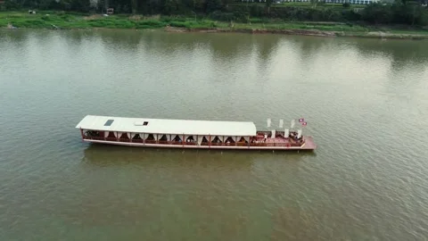 Aerial View of Mekong River and Tourist Boat in Luang Prabang, Laos Video stock 344451153