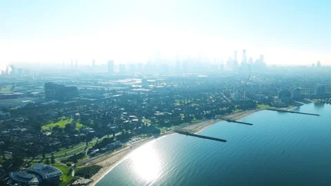 Aerial View Of Melbourne In Backlight, 6K Video stock 333077007