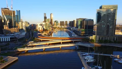 Aerial View Melbourne CBD and Yarra River Stock Footage