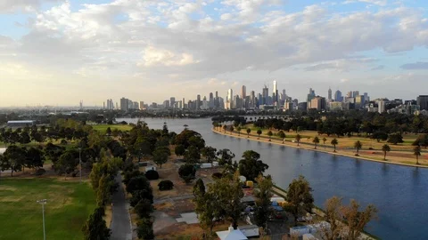 Aerial View of Melbourne CBD Over Albert Park Lake Stock Footage 102308170