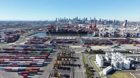 Aerial view of Melbourne port with container ships and cranes 스톡 동영상 340513105