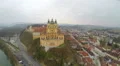 Aerial view of Melk Abbey in Austria, foggy spring day in old European city 4k or 4k+ Resolution