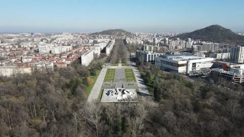 Aerial view of Memorial Complex Hillock of Fraternity in Plovdiv, Bulgaria Stock Footage 159278523