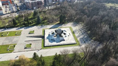 Aerial view of Memorial Complex Hillock of Fraternity in Plovdiv, Bulgaria Stock Footage 173606261