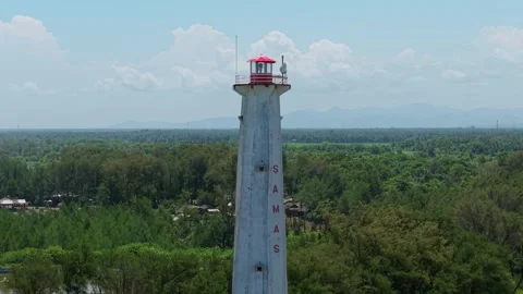 Aerial view of Mercusuar Samas lighthouse, Indonesia. Stock Footage 331848709