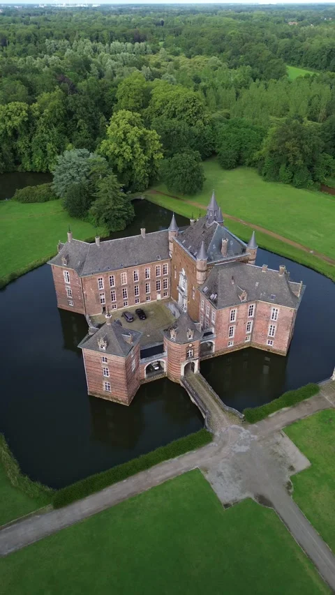 Aerial View Of Merode Castle Water Moat Estate In Westerlo Belgium Stock Footage 343581535